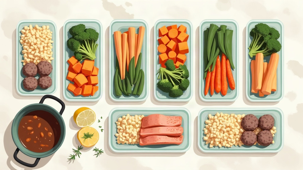 Overhead illustration of AIP batch-cooked meal prep containers with roasted root vegetables, leafy greens, salmon and shredded chicken