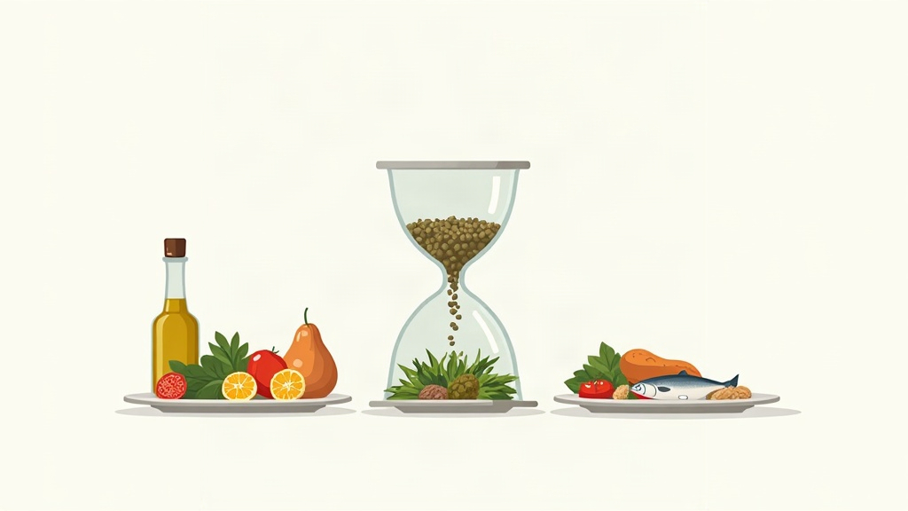 Illustration of a wide Mediterranean-style food spread narrowing into a small elimination plate and widening again, showing the diet sequence
