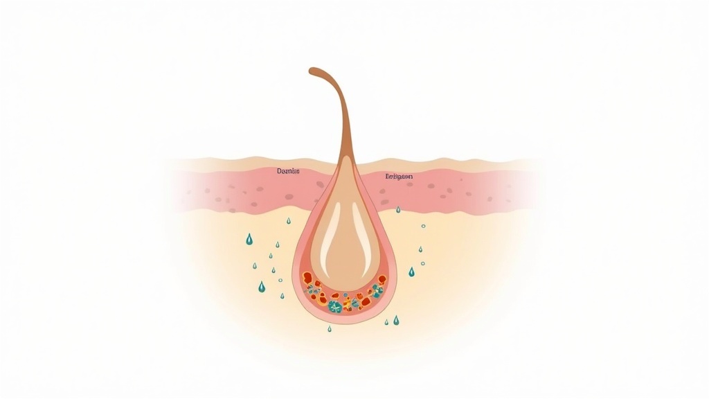 Cross-section illustration of scalp showing hair follicle response to topical treatments in alopecia areata