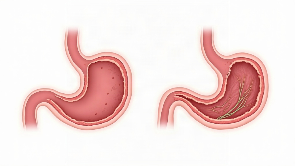 Illustration of stomach and colon lining showing damaged mucosa beside repaired tissue with new blood vessels