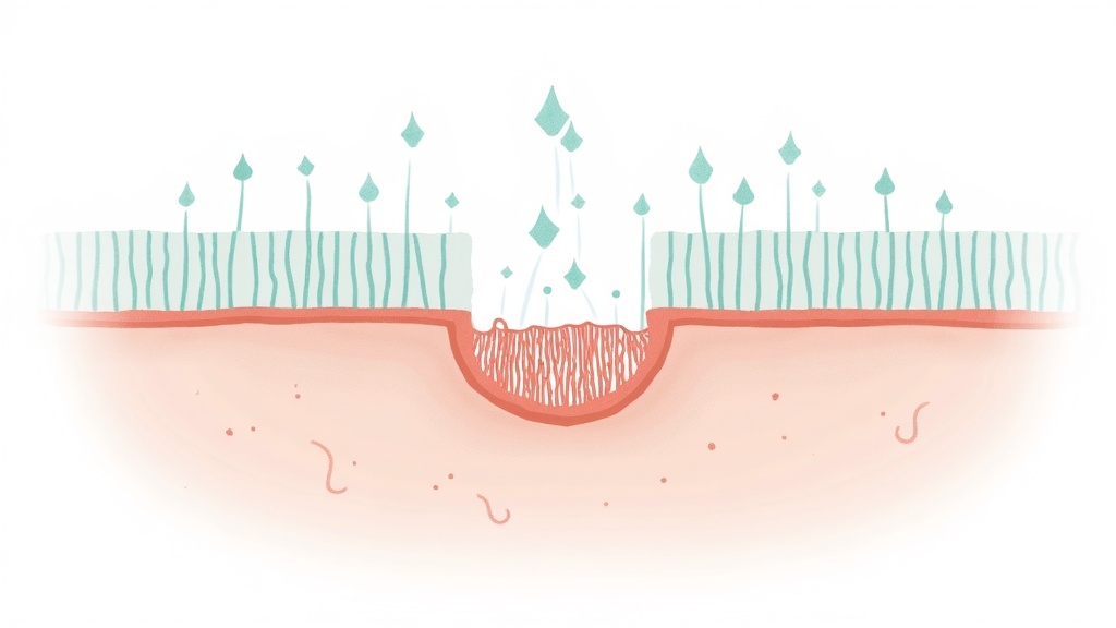 Cross-section illustration showing BPC-157 peptide promoting gut mucosal healing through angiogenesis and growth factor activation