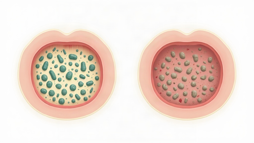 Illustration comparing a diverse fiber-fed gut microbiome with a sparse microbiome on a meat-only carnivore diet