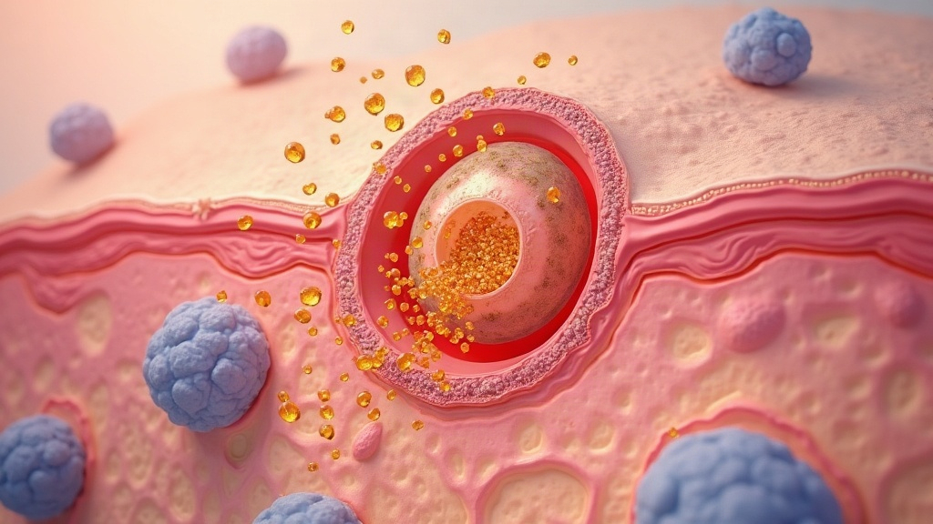 Illustration of a mast cell releasing histamine granules in autoimmune chronic urticaria