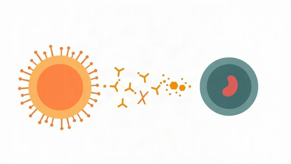 Illustration of curcumin molecules calming an overactive immune cell signaling cascade linked to lupus inflammation
