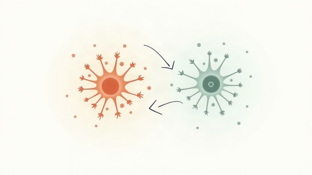 Illustration of immune cells shifting from an inflamed state to a calmer state while keeping their defensive function, representing GLP-1 immunomodulation rather than immunosuppression