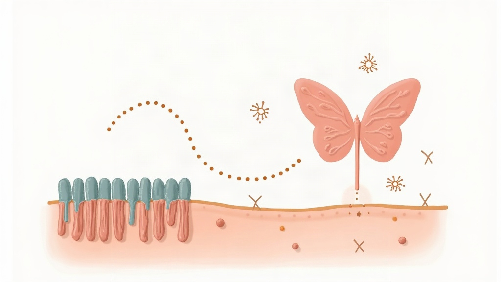 Illustration of gluten proteins crossing a loosened gut lining and immune cells traveling toward the thyroid gland