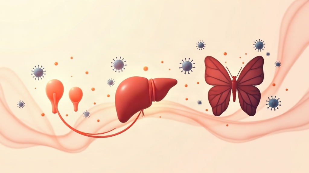Medical illustration of estrogen-thyroid-immune crosstalk in perimenopause showing ovaries, liver, and thyroid gland with autoimmune infiltration