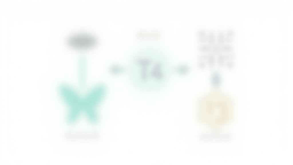 Diagram showing the relationship between thyroid gland, TSH, T4 to T3 conversion, and reverse T3 in Hashimoto's thyroiditis
