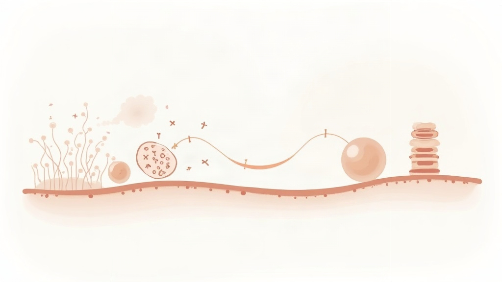 Illustration of starch granules feeding rod-shaped gut bacteria whose surface proteins resemble a human cell molecule, with antibodies cross-reacting toward the spine