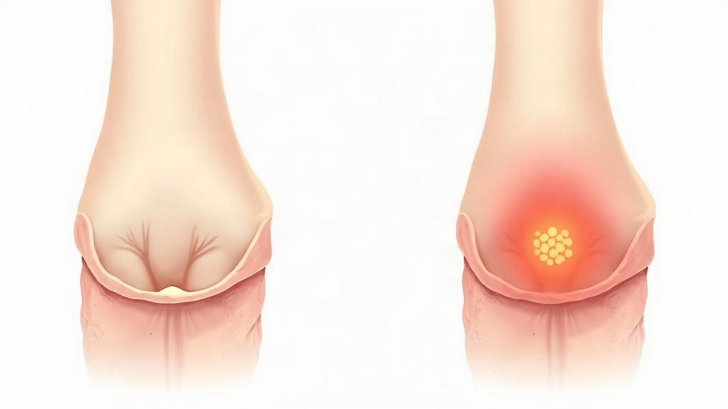 Illustration of a healthy tendon-to-bone attachment beside an inflamed enthesis in psoriatic arthritis