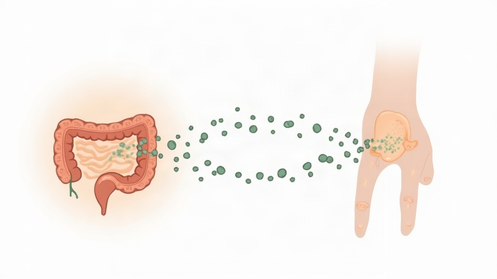 Illustration of the gut-joint axis in rheumatoid arthritis showing fiber fermentation in the intestine and calmer immune signaling reaching a joint