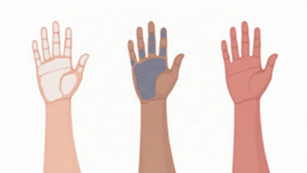 Illustration of a hand showing Raynaud's triphasic color change across the fingers