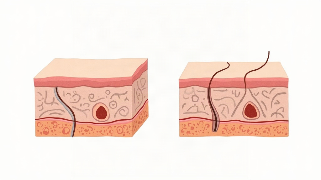 Cross-section comparison of healthy skin with loose collagen and open capillaries versus scleroderma skin with dense collagen bundles and narrowed capillaries