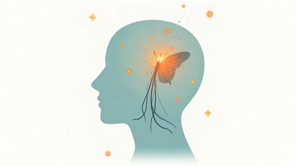 Illustration of the thyroid gland connected to the brain by inflammatory signals and thyroid hormone, showing the Hashimoto's mood link